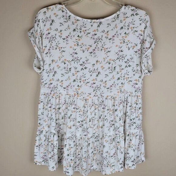 American Eagle Outfitters Floral Tiered Viscose Blouse Short Sleeve White XS - Picture 2 of 12